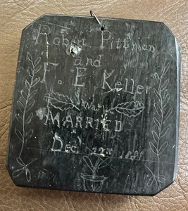 RARO! Placa antigua de matrimonio de carbón tallada de matrimonio Pittman Keller 1881 - Imagen 1 de 6