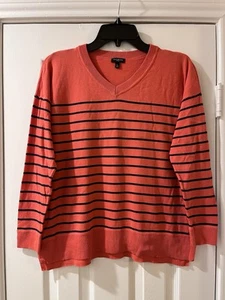 Maglione donna Talbots scollo V LP Large Petite arancione e blu navy righe viscosa cotone - Foto 1 di 4