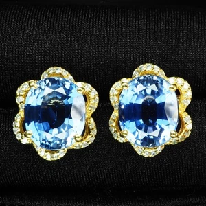 Orecchini in argento sterling 925 oro 24 carati graziosi zaffiro blu vivo... - Foto 1 di 6