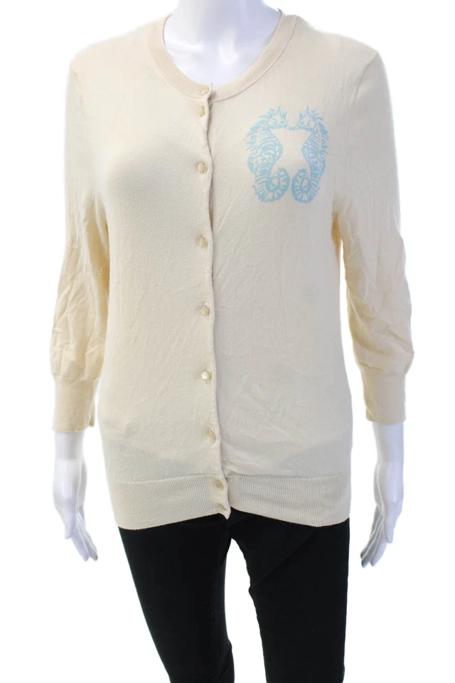 Cárdigan J Crew Mujer Beige Algodón Botón Manga 3/4 Estampado Animal Talla M Foto 1 de 4