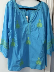 NEW! Women’s Talbots 100% Cotton Embroidered Design Top - Turquoise/Green Sz 2X - Picture 1 of 10