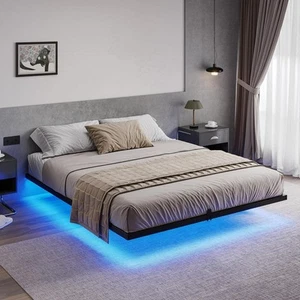 Floating Bed Frame Queen Size Metal Platform Bed with LED Lights for Bedroom, No - Picture 1 of 87