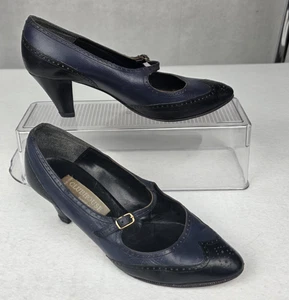 Women's Brogue Mary Jane Heels Italy Leather Navy Blue Black Toe sz 8-1/2 M - Picture 1 of 9