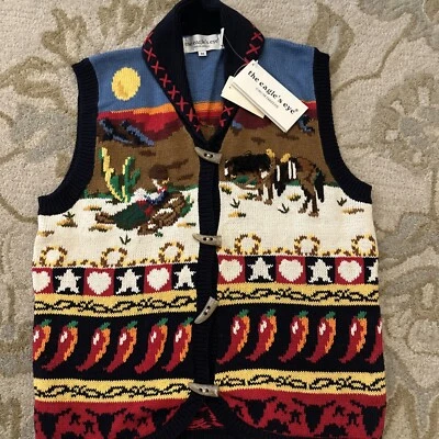 Vintage 90s Western Eagles Eye Sweater Vest⭐️Desert Scene Knit Peppers Horse Med - Image 1 of 4