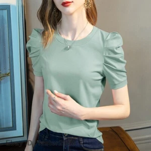Mujeres Verano Cuello Redondo Camiseta Prendas para el torso Sólido Media Manga Algodón Manga Burbuja - Imagen 1 de 38