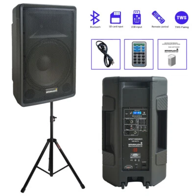 15" Powere PA Audio Bluetooth Loudspeaker W/ 1Speaker Stand Universal Adjustable - Image 1 of 4