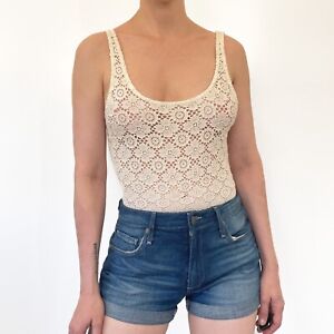 Zara Womens Crochet Lace Bodysuit Size S Cream Beige Scoop Neck Festival Sheer
