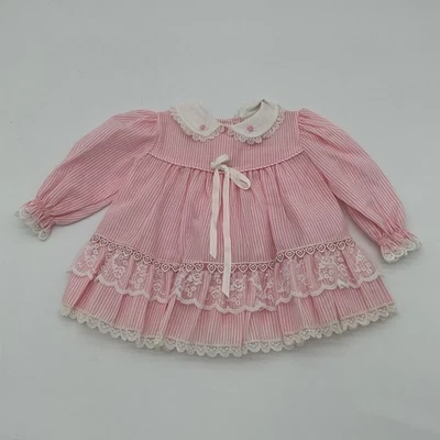 Vestido Bryan Vintage Años 70 Bebé 6-9 Meses Rosa Blanco Rayas Manga Larga Encaje Foto 1 de 2