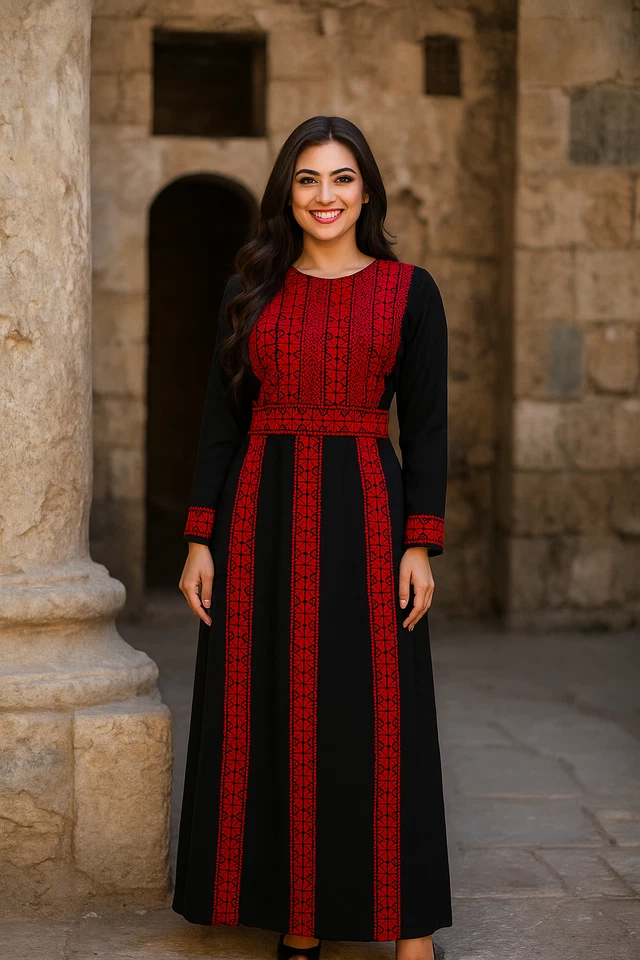Palestinian Embroidered Womens Traditional Tatreez Thobe Abaya Dress - Image 1 of 4