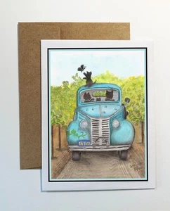Old vintage pickup truck on a farm, with black cats, notecard, playful ,  #1028 - Picture 1 of 3