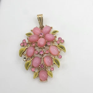 Vintage Pink Moon Glow Pendant Rhinestones Enamel Gold Tone - Picture 1 of 12