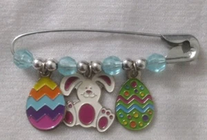 Vtg. Easter Bunny And Eggs Brooch Safety Pin Lapel Homemade Handmade Holiday - Picture 1 of 2