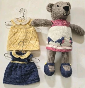 Handknit Teddy Bear With Clothes Hangers Dresses Birds Handmade 9" SWEET! - Picture 1 of 13