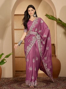 Saris bordados florales rosas con pieza blusa sin costuras y cinturón mr33 - Imagen 1 de 14