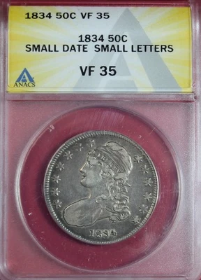 1834 SMALL DATE SMALL LETTERS CAPPED BUST HALF DOLLAR ANACS VF35 - Image 1 of 4