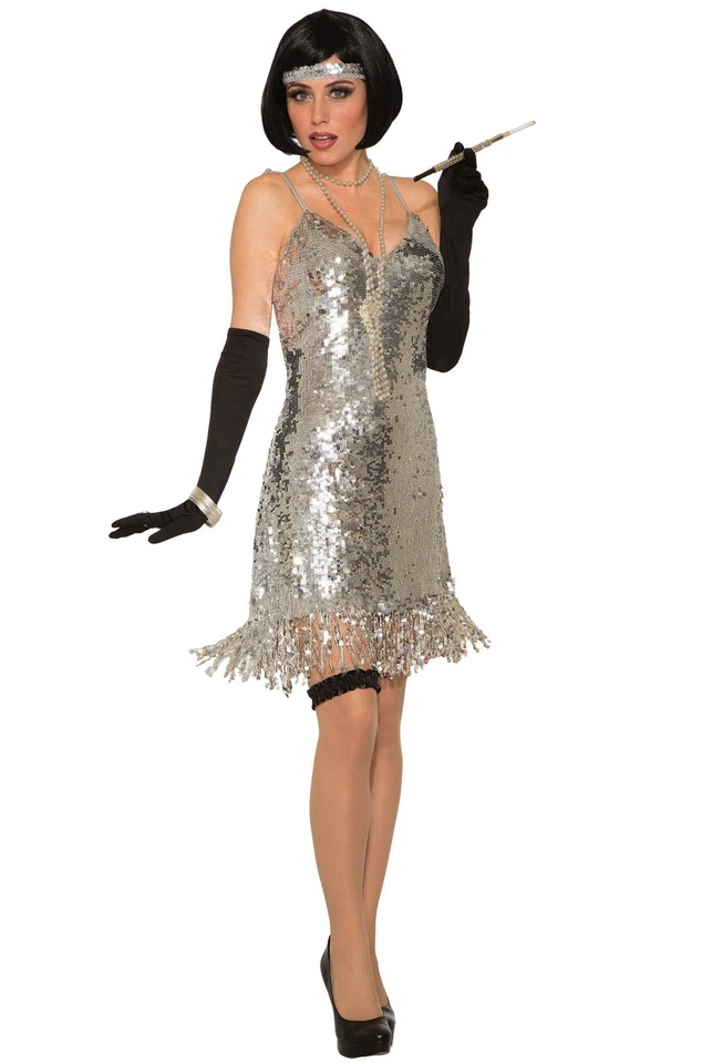 1970s Silver Sequin Disco Dress 70s Adult Costume - Image 1 of 1