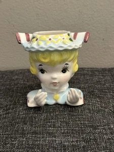 Vintage Enesco Lady Head Vase 3” Blue with Red Stripes Adorable! - Picture 1 of 6