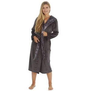 Womens/Ladies Velour Contrast Hooded Robe Dressing Gown Charcoal Grey Size S-XL - Picture 1 of 6