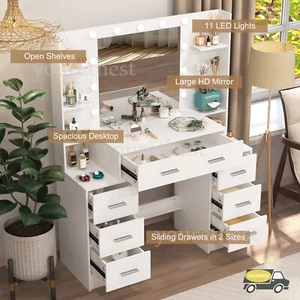 Large Vanity Desk Makeup Dressing Table With LED Lights Mirror 7 Drawers Dresser - Picture 1 of 10