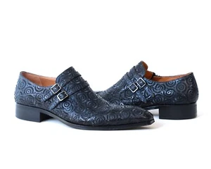 Jo Ghost 4952 italienische marineblaue Lederschuhe mit Laserdruck mit Schnallen und Reißverschluss - Bild 1 von 5