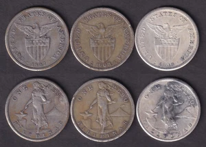 1 Peso 1907 - 1909s / 3 pcs US-Philippine United States of America Coins #A11 - Picture 1 of 4