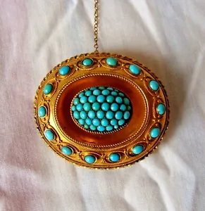 ENGLISH VICTORIAN 15K YELLOW GOLD TURQUOISE BROOCH CIRCA 1850'S - Picture 1 of 7