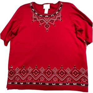Alfred Dunner Womens Sweater M Short Sleeve Red Geometric Embroidered Sequins - Picture 1 of 10