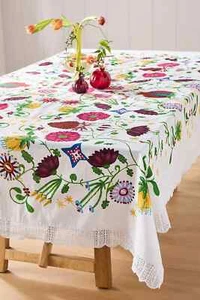 Anthropologie Cassiopeia Cotton Tablecloth Embroidered Accents Lace Floral NEW - Picture 1 of 3