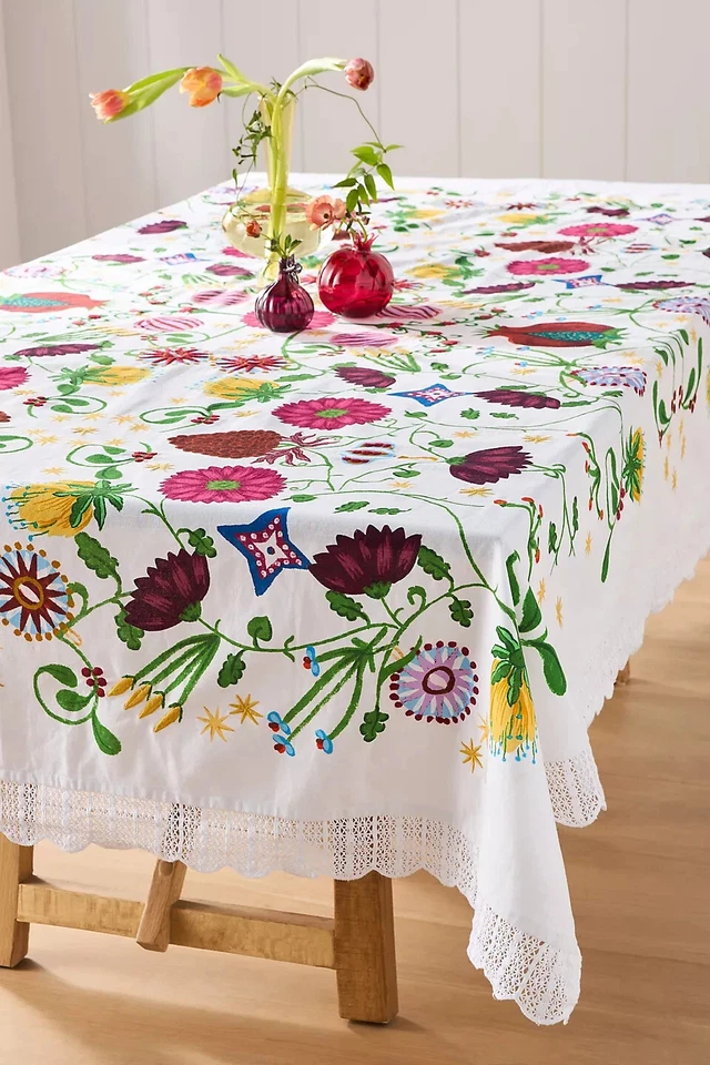 Anthropologie Cassiopeia Cotton Tablecloth Embroidered Accents Lace Floral NEW - Image 1 of 3