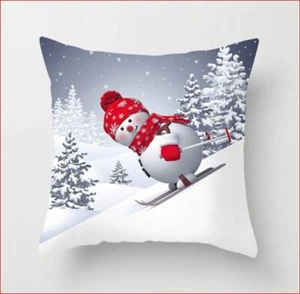 Skiing Snowman Pillow Cover Sham 18" x 18" Dacron Winter 45cm Zipper Red White - Picture 1 of 3