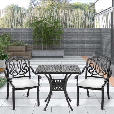 LIFELOOK 3Pcs Black Cast Aluminium Square Garden Table and Chairs Outdoor Dining Set UK
