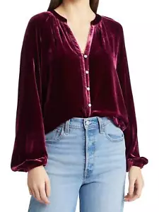 Women's Velvet Blouse With V-Neck And Button Detail - Picture 1 of 10