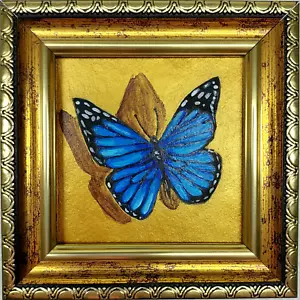 Pintura Mariposa Azul Enmarcada en Oro Arte Original Mariposa Cuadro Pequeño - Imagen 1 de 9