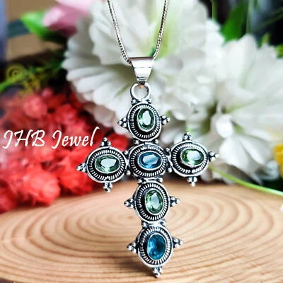 Facettierter Peridot & Blautopas Edelstein 925 Sterling Silber Kreuz Ostersch... - Bild 1 von 4