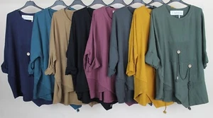 New Ladies Italian Oversized Lagenlook Asymmetrical Hem Tassel Design Tunic Top - Picture 1 of 9