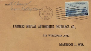 Wisconsin Cover 1948 COON VALLEY to Farmers Mutual Auto Ins Madison - Picture 1 of 3