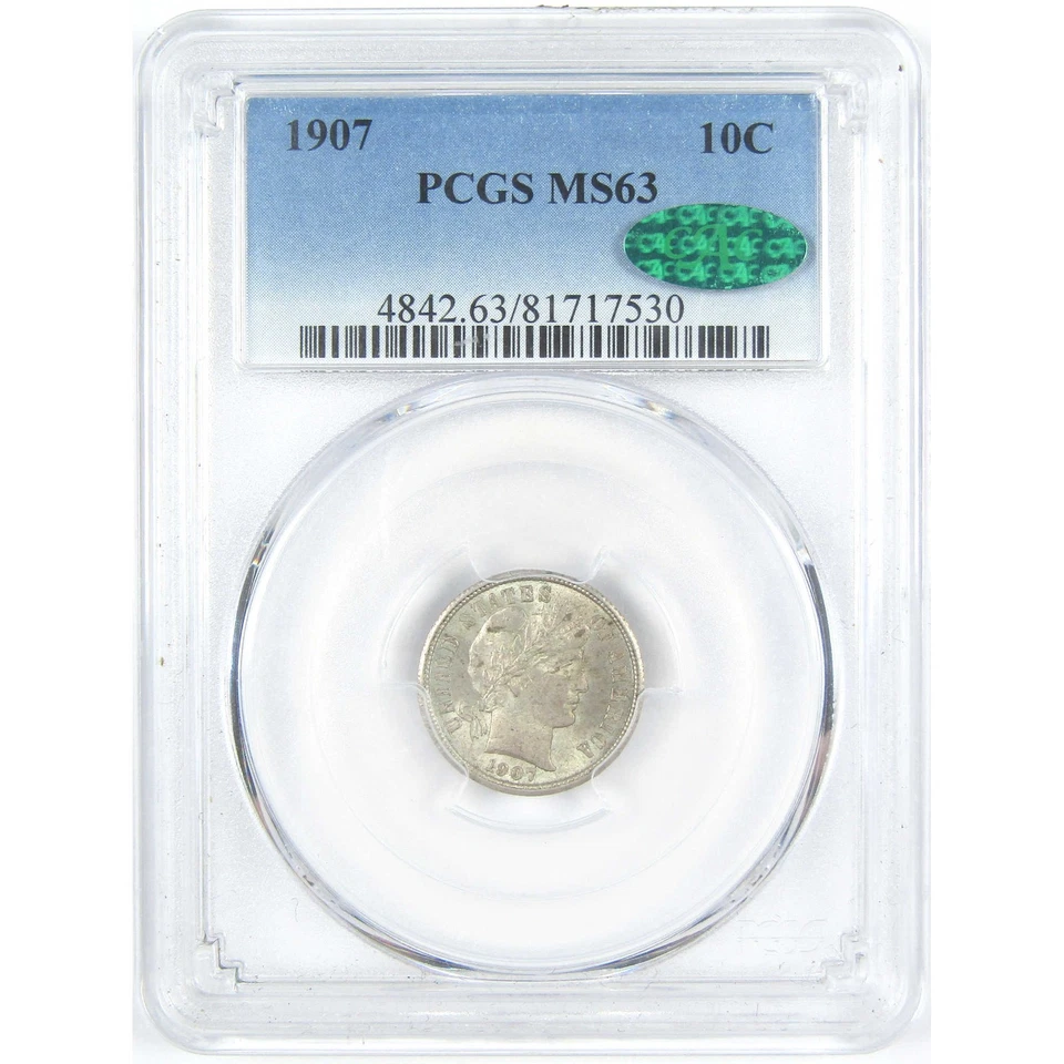 1907 Barber Dime MS 63 PCGS CAC Silver 10c Coin SKU:I15290 - Image 1 of 4