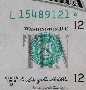 AU $10 1950D Star Federal Reserve Note L15489121* series D, San Francisco, ten $ - Picture 1 of 3