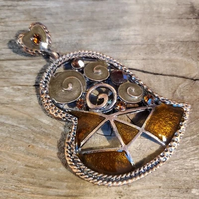 Antiqued Copper Melting Heart Amber Brown Enamel Crystal Large 81x50mm Pendant - image 1 of 4