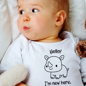 Hello I'm new here Rhino - Baby bodysuit newborn homecoming shirt cute animal - Picture 1 of 4