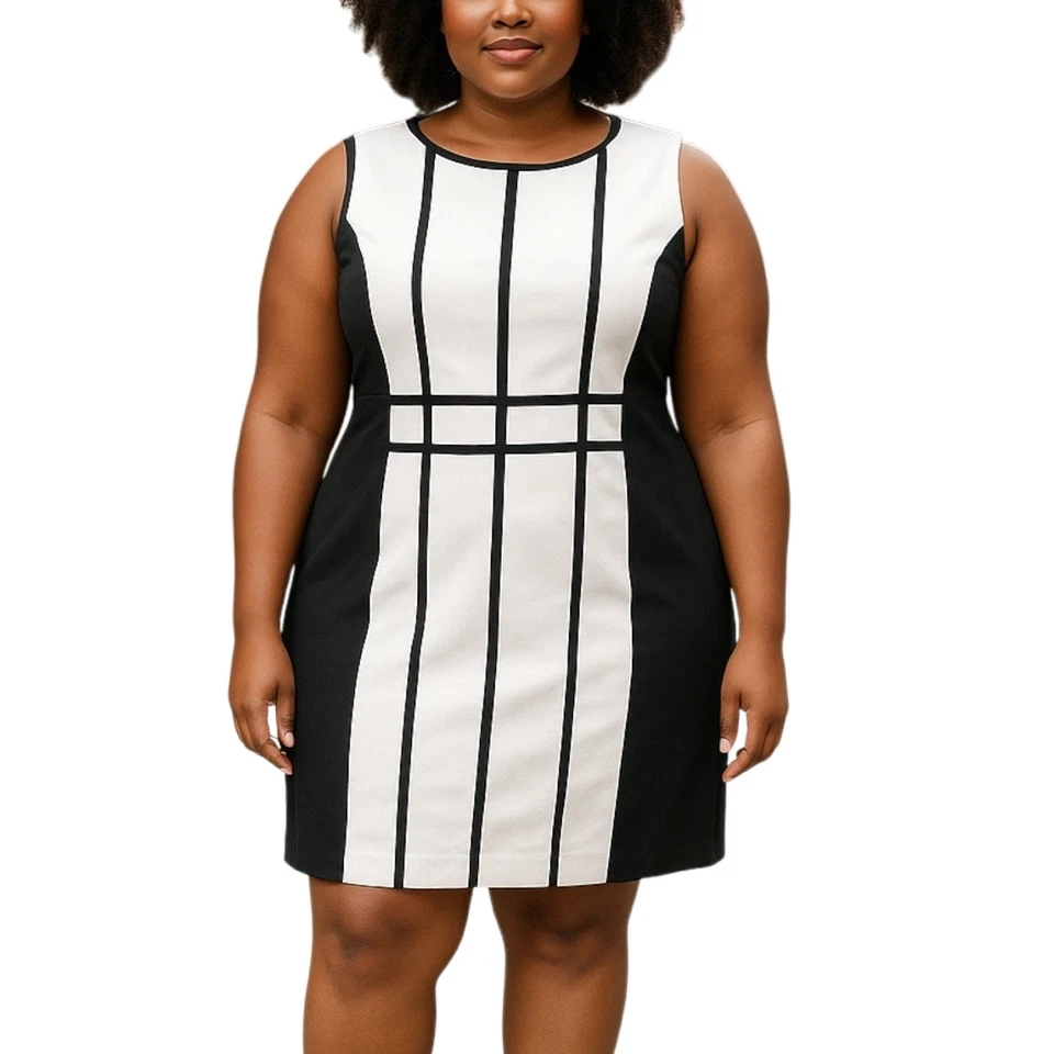 Calvin Klein White Black Striped Sleeveless Zip Cami Career Mini Sheath Dress 16 - Image 1 of 4