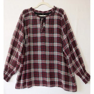 Talbots Plaid Dark Red Blouse Tie Neck Long Sleeve Smocked Cuffs Womens Plus 3X - Picture 1 of 8