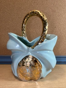 VTG Weeping Gold and Aqua Ceramic Basket Vase 24 Kt Gold USA 8” - Picture 1 of 8