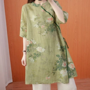 T-shirt donna lino cotone etnico floreale blusa maglione largo retrò - Foto 1 di 14