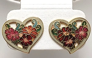 Vintage Cloisonne Pierced Earrings Multi Color Heart Flower Design Gold Tone - Picture 1 of 6