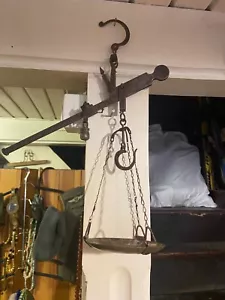 Vintage Brass and metal Hanging Balance Scale Beam with Bowl both are marked H- - Picture 1 of 9