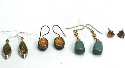 Lot of 4 Pairs Sterling Silver Earrings - Art Glass, Amber, Turquoise, Resin - Image 1 of 4