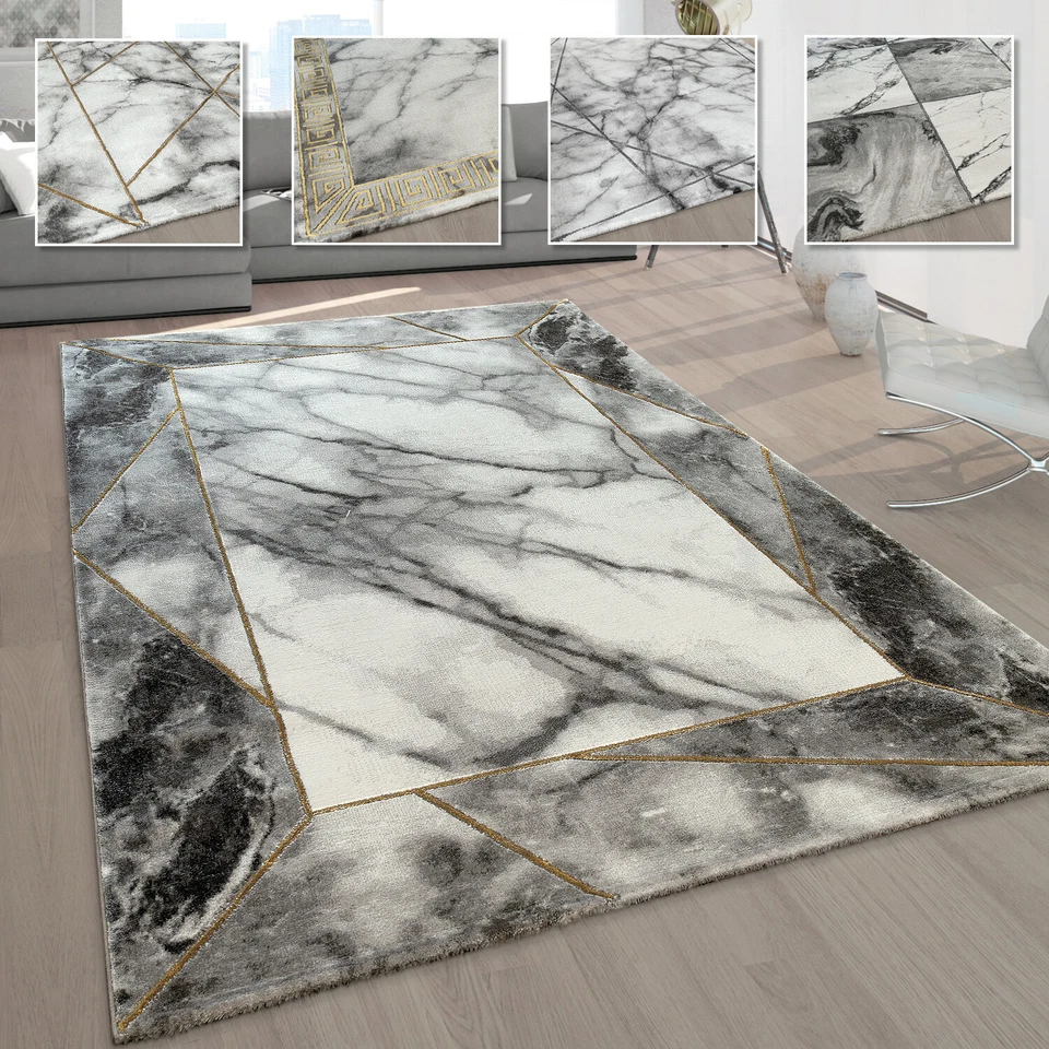Morbidi tappeti marmorizzati a pelo corto in grigio e oro per il soggiorno con m - Immagine 1 di 1