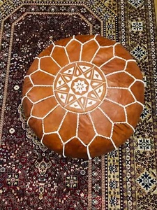 Genuine Leather Footstool Round Moroccan Brown Handmade Ottoman Pouf - Picture 1 of 10