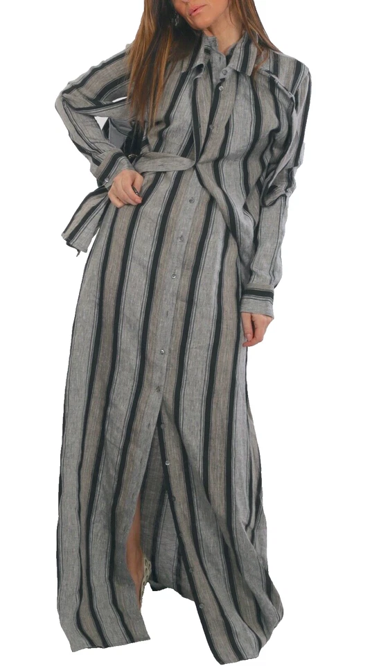 Y/PROJECT Gray Linen Striped Long Sleeve Button Down Tie Front Maxi Dress Size S - Image 1 of 4